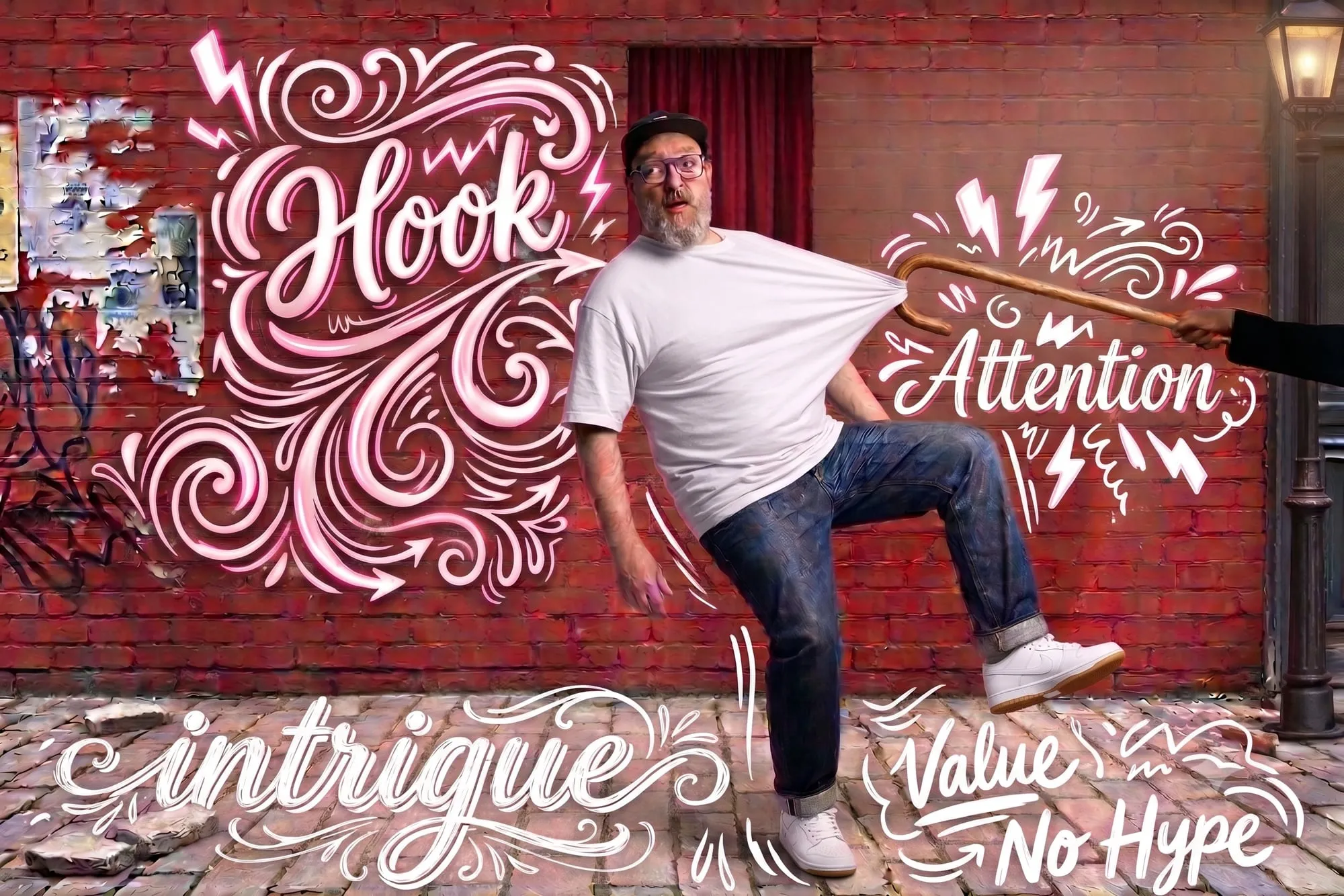 Richard Geary being yanked sideways by a shepherd's crook against a red brick wall, surrounded by hand-lettered words: hook, attention, intrigue, value, no hype