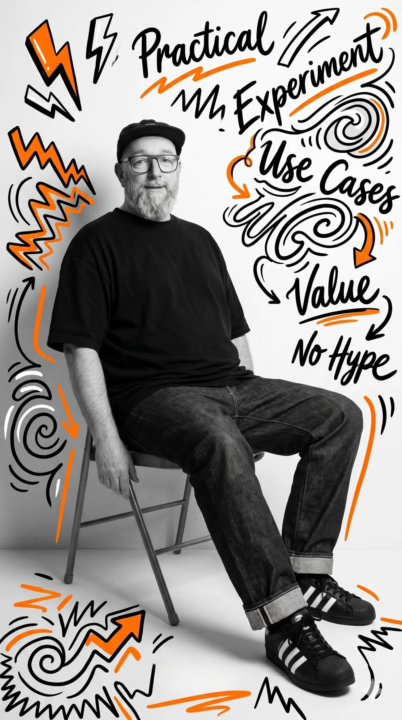 Richard Geary sitting on a folding chair, smiling at the camera, surrounded by hand-drawn doodles reading practical, experiment, use cases, value, no hype