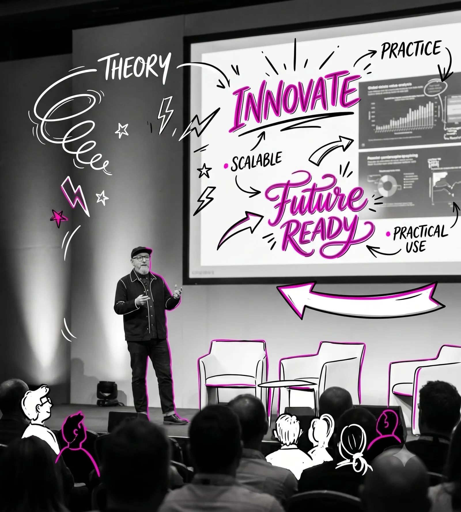 Richard Geary speaking on a conference main stage, with hand-drawn lettering reading theory, innovate, future ready, practice and practical use